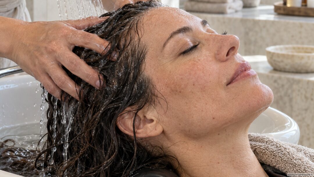 Cliente riceve un lavaggio rilassante al bacino in un head spa luminoso