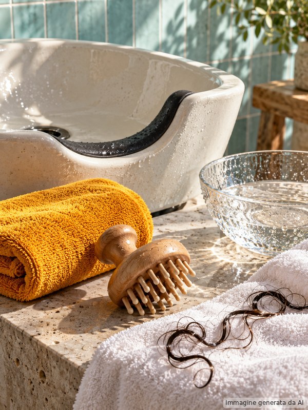 Scalp massage tools, bowl and towel arranged in a bright treatment room