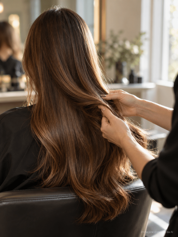 Mani della parrucchiera che distribuiscono il siero sulle lunghezze di capelli lunghi castani dopo la piega