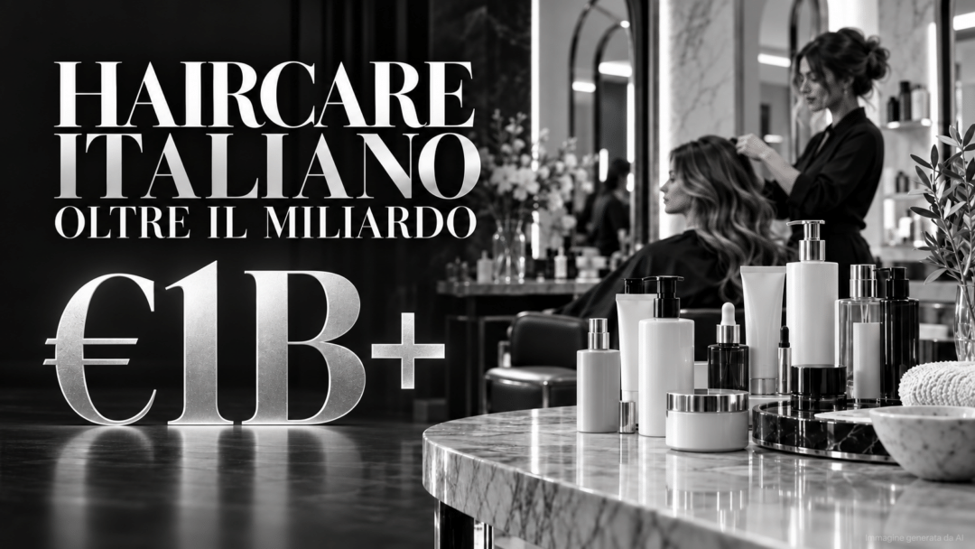 Haircare italiano oltre il miliardo di euro: salone con prodotti professionali e parrucchiera al lavoro