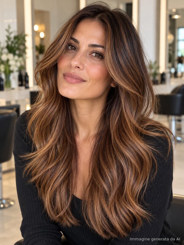 Capelli lunghi bronde con radice più scura e lunghezze caramello e rame dorato, Copper Bronde