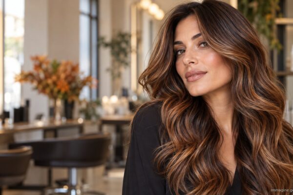 Donna con capelli lunghi castani con riflessi caramello e rame in un salone, colori capelli autunno 2026