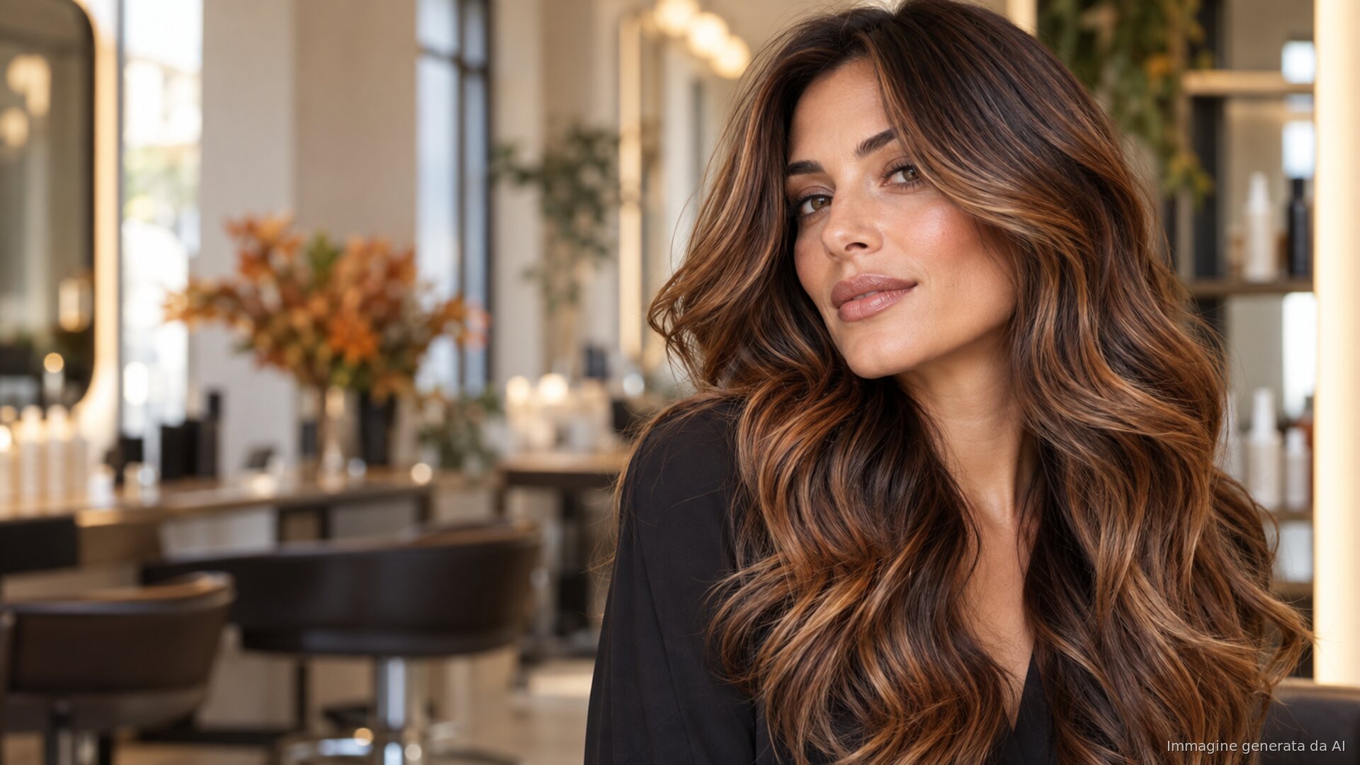 Donna con capelli lunghi castani con riflessi caramello e rame in un salone, colori capelli autunno 2026