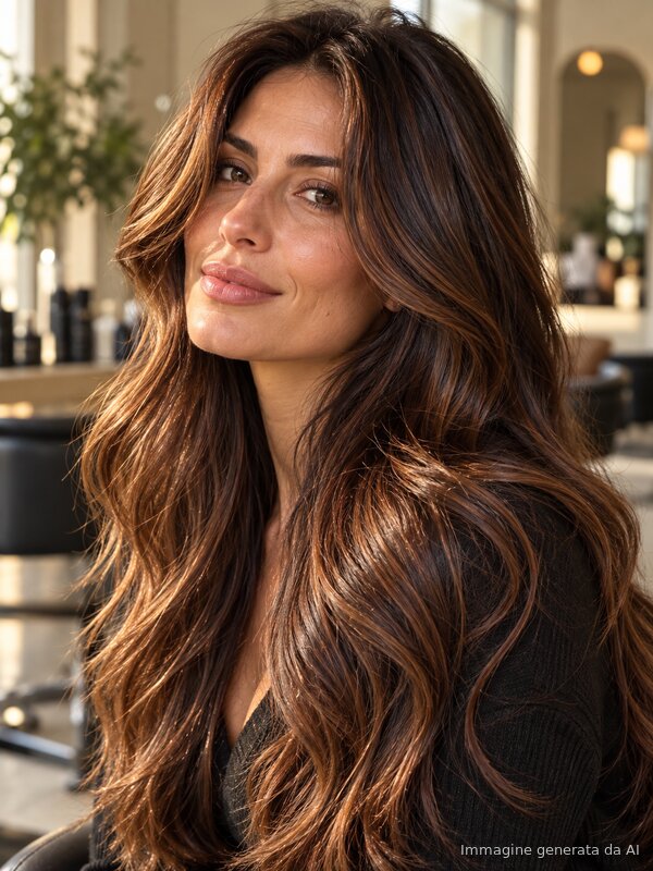 Capelli castani lunghi e mossi con riflessi rame e ambra, Burnished Brunette