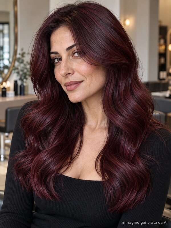 Capelli lunghi mossi rosso vino con fondo violaceo, colore Mulled Wine