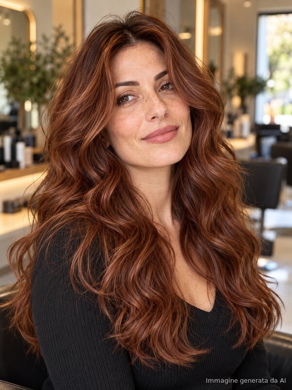 Capelli lunghi mossi ramati Auburn Spice con riflessi rame caldi