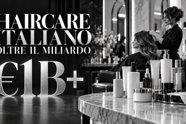Haircare italiano oltre il miliardo di euro: salone con prodotti professionali e parrucchiera al lavoro