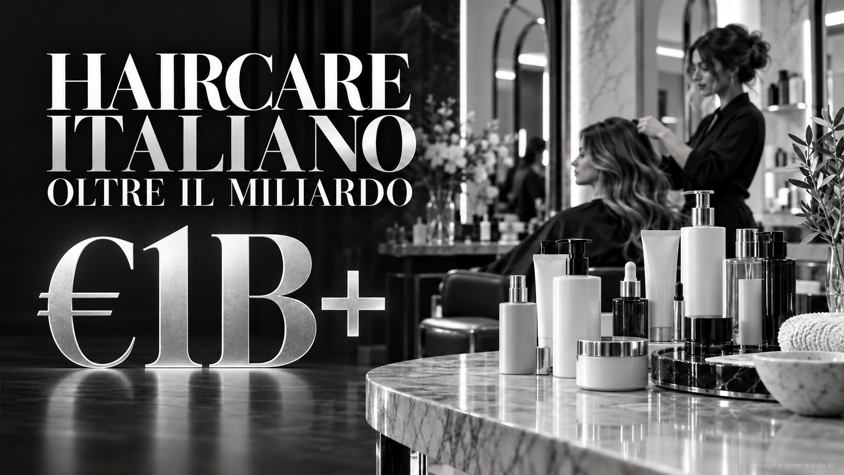Haircare italiano oltre il miliardo di euro: salone con prodotti professionali e parrucchiera al lavoro