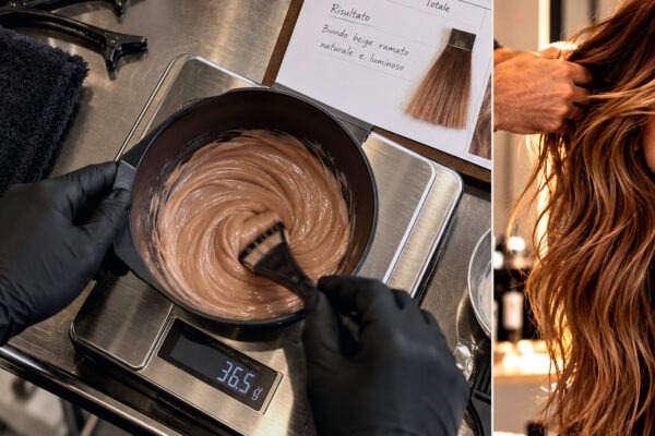 Preparazione professionale della miscela colore con bilancia e dettaglio capelli ramati. Immagine generata da AI.
