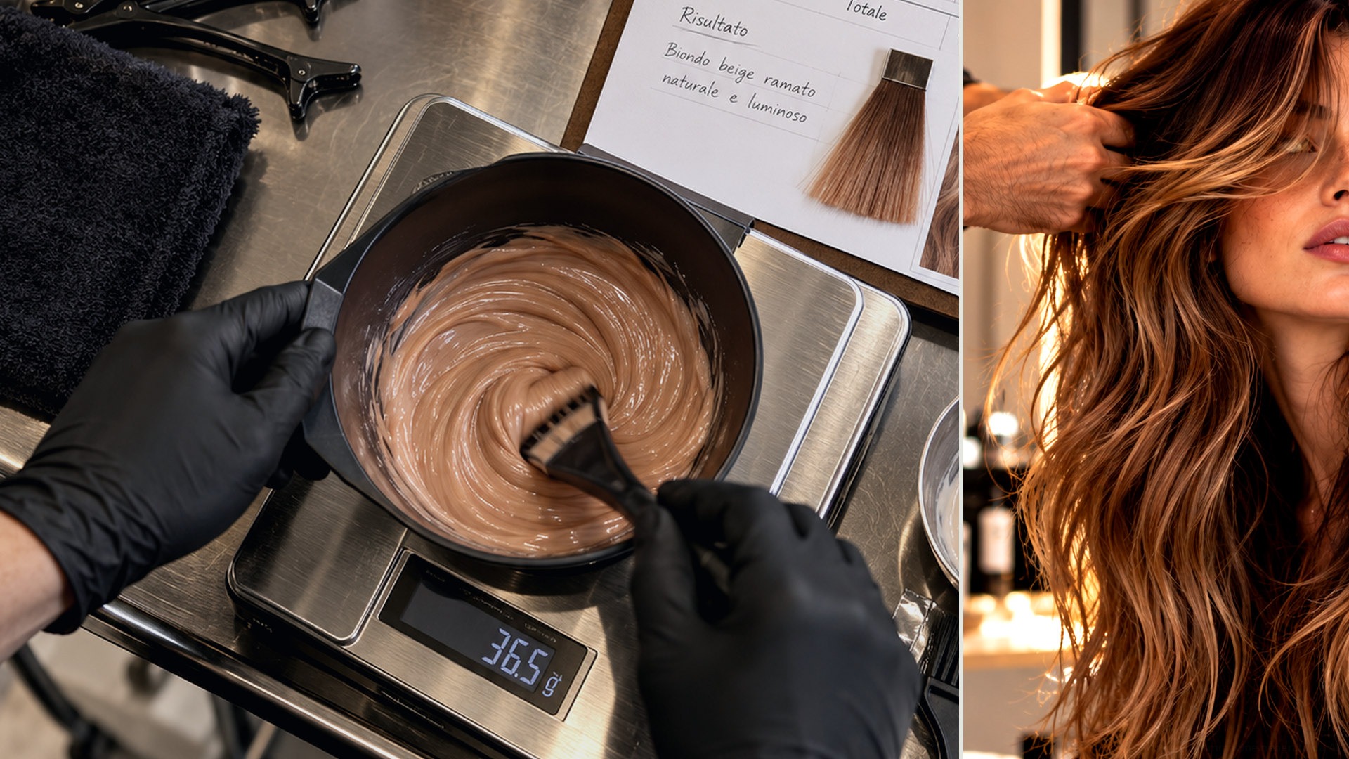 Preparazione professionale della miscela colore con bilancia e dettaglio capelli ramati. Immagine generata da AI.