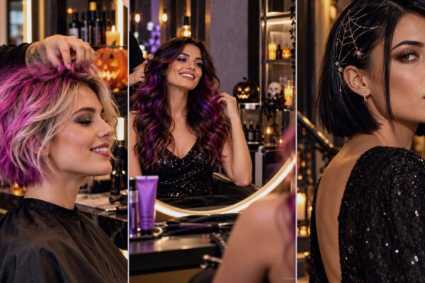 Tre look Halloween: capelli rosa corti, onde viola e bob con accessorio a ragnatela. Immagine generata da AI.
