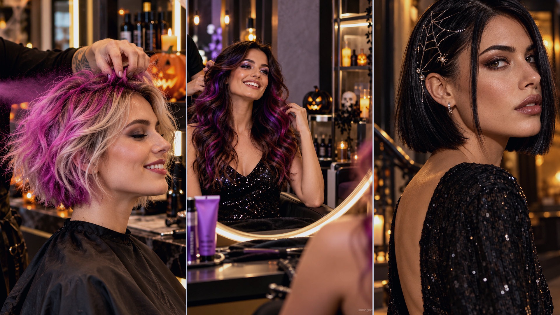 Tre look Halloween: capelli rosa corti, onde viola e bob con accessorio a ragnatela. Immagine generata da AI.