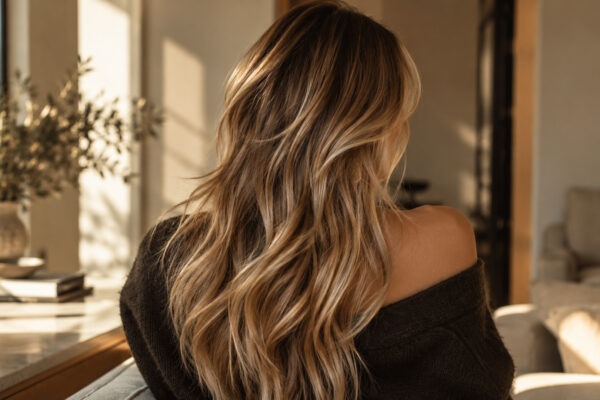 Reverse balayage naturale su capelli lunghi biondi, con profondità castana e riflessi luminosi