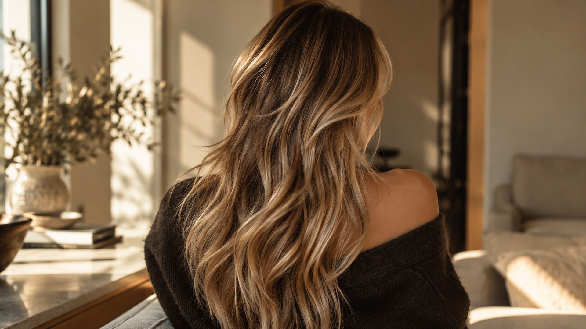 Reverse balayage naturale su capelli lunghi biondi, con profondità castana e riflessi luminosi