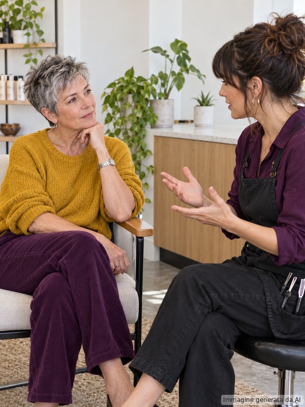 Cliente matura con pixie cut discute il prezzo del servizio con la propria parrucchiera