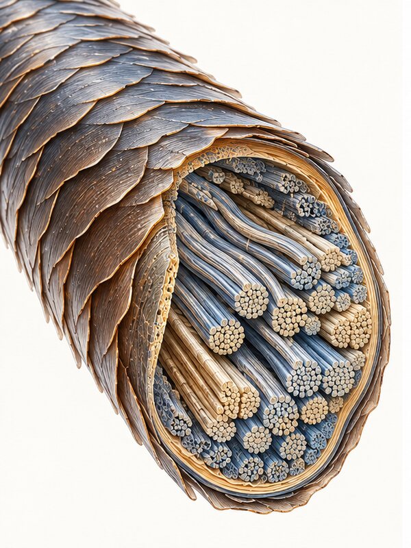 Illustrazione tecnica della fibra capillare con cuticola e corteccia