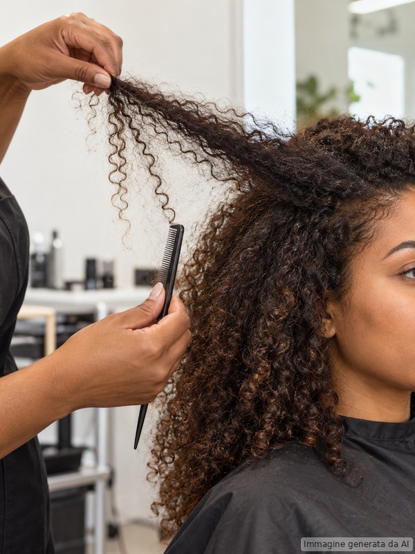 Parrucchiera valuta la texture naturale dei capelli ricci di una cliente prima di parlare del trattamento