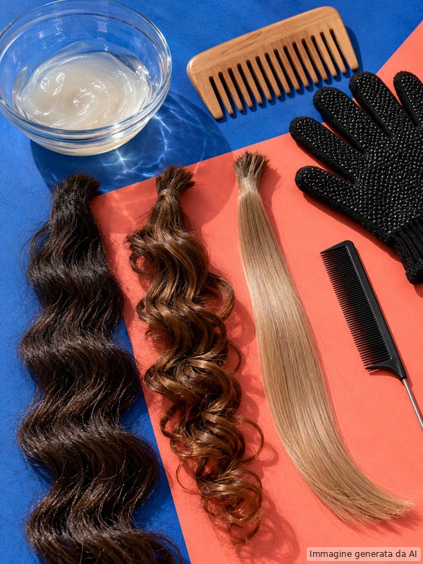 Ciocche di capelli disposte su fondali colorati per mostrare texture e movimento