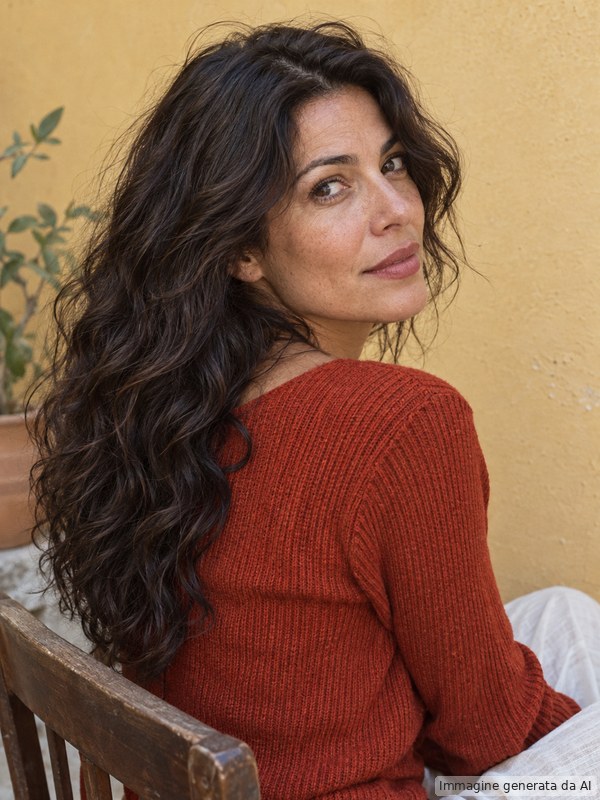 Ritratto editoriale di una donna con capelli scuri naturalmente mossi e texture ben visibile