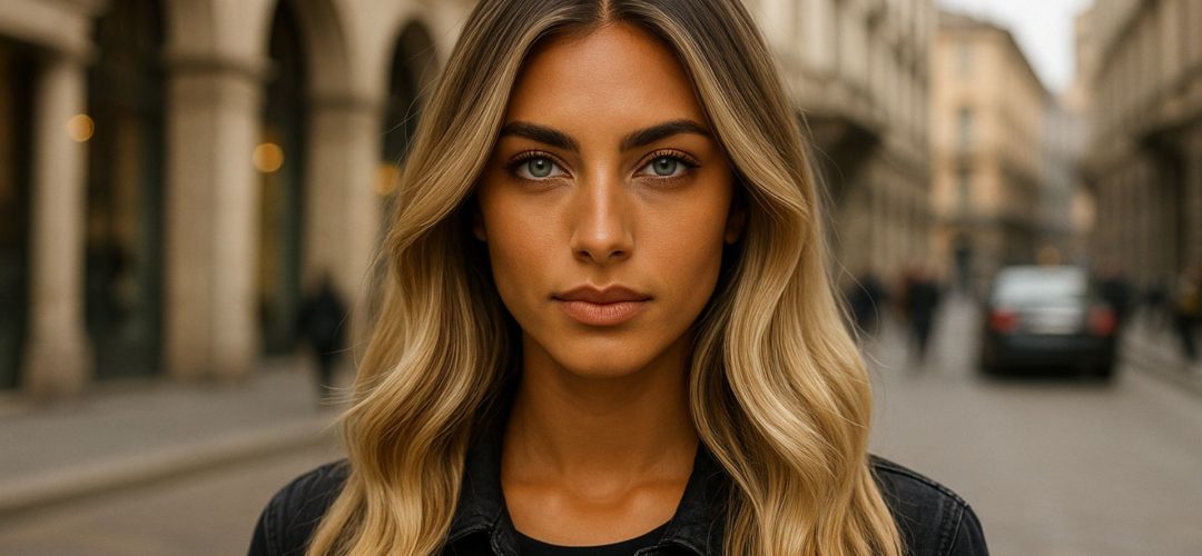 Modella con capelli biondo vaniglia, carnagione olivastra e occhi azzurri in posa fashion a Milano