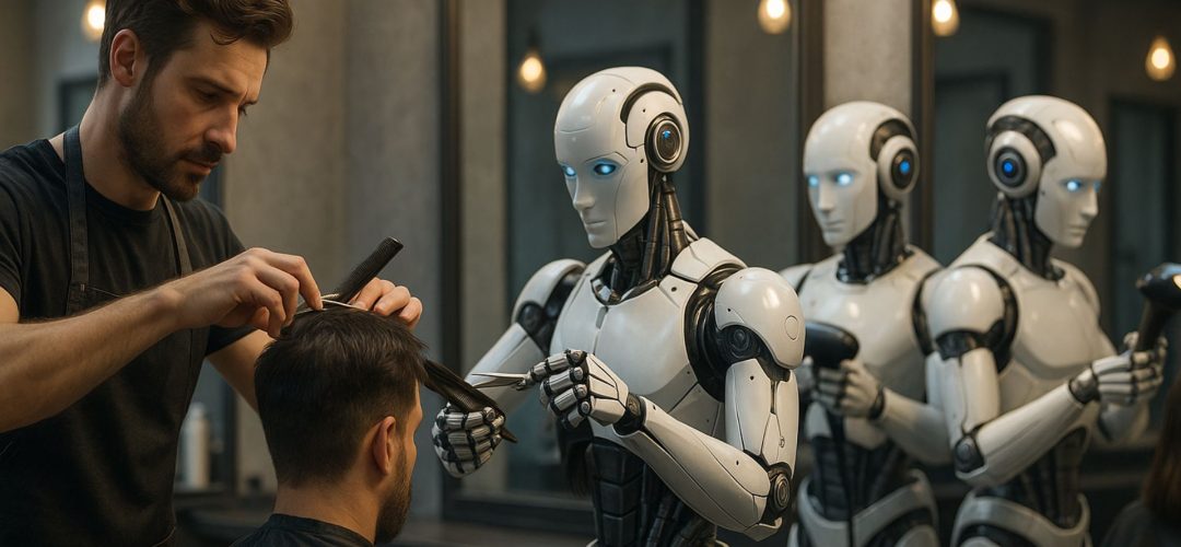 Parrucchiere umano affiancato da robot in salone futuristico