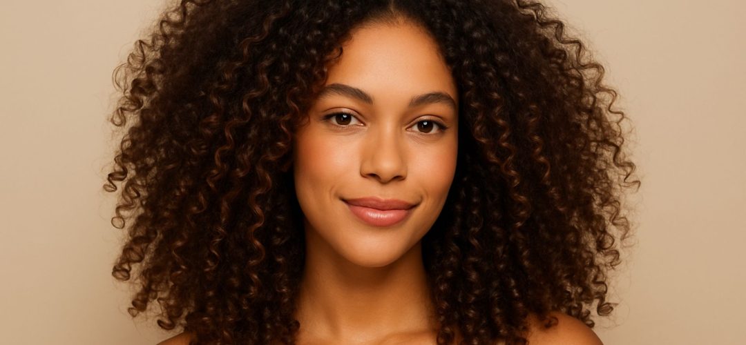 Modella con capelli ricci naturali ben definiti, pelle mulatta e look semplice su sfondo beige