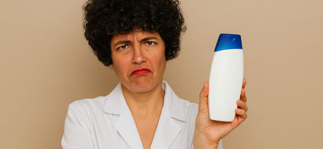 La Dott.ssa Rosanna Amato con espressione perplessa mentre mostra un flacone di shampoo, in camice bianco su sfondo beige