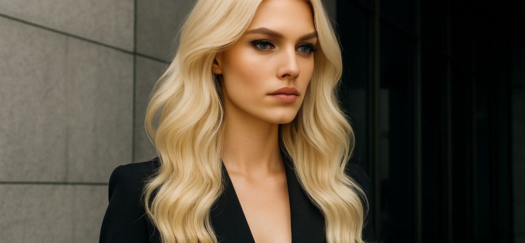 Modella bionda in outfit fashion nero davanti a un edificio moderno, con capelli lunghi e luminosi in uno stile glamour e professionale.
