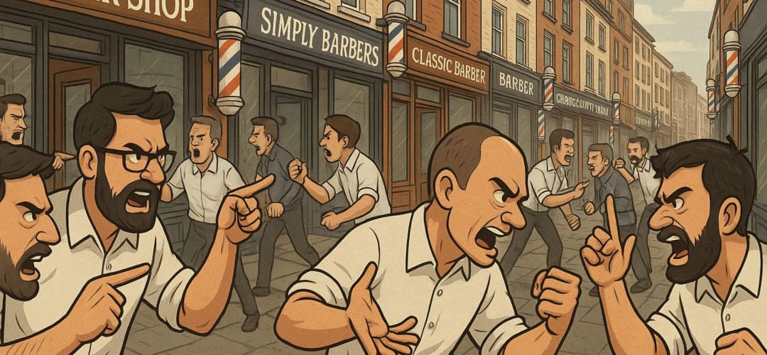 Illustrazione ironica di una strada in stile Londra con tanti barber shop e barbieri che litigano tra loro