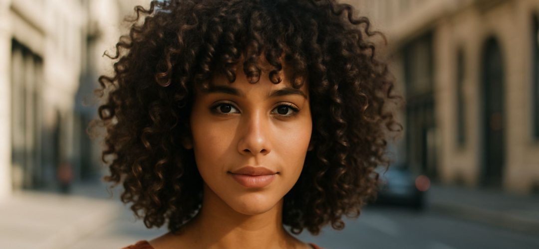 Donna con capelli ricci e frangia ben definiti, ripresa in primo piano su sfondo urbano sfocato