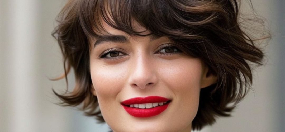 Primo piano di una donna con taglio crop mosso e ciuffo a tendina, capelli castano scuro e trucco elegante