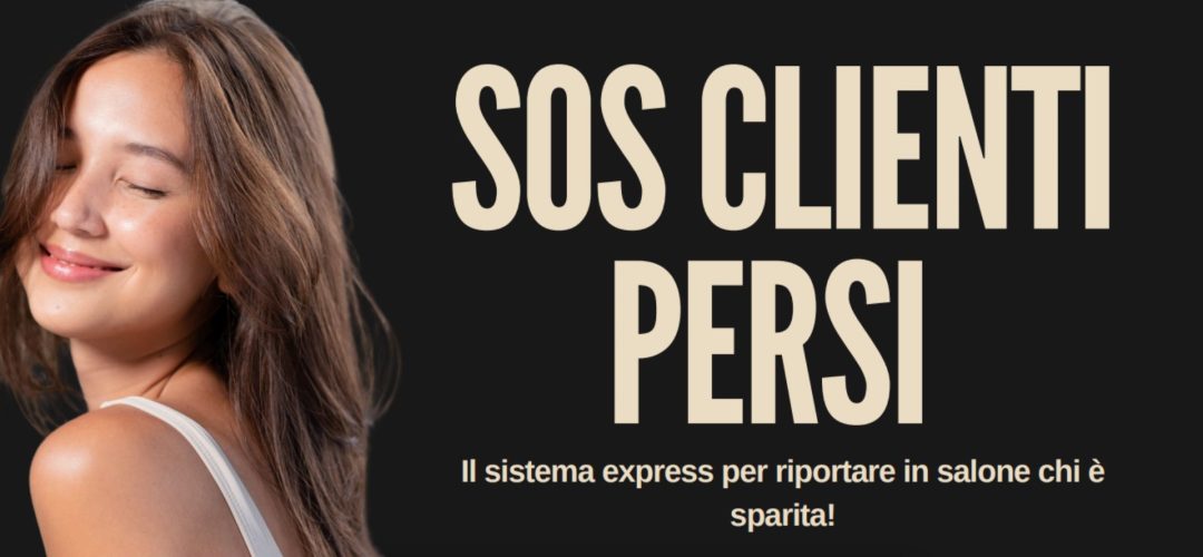 Parrucchiera sorridente accanto al titolo della guida SOS Clienti Persi per saloni di bellezza