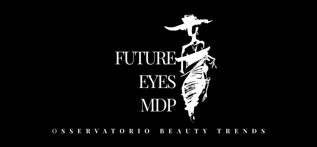 Logo Future-Eyes MDP Osservatorio Beauty Trends con illustrazione fashion stilizzata su sfondo nero.