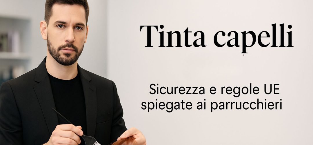 Parrucchiere uomo in abiti neri tiene una ciocca e un pennello da colorazione, con il titolo “Tinta capelli – Sicurezza e regole UE spiegate ai parrucchieri” su sfondo chiaro.
