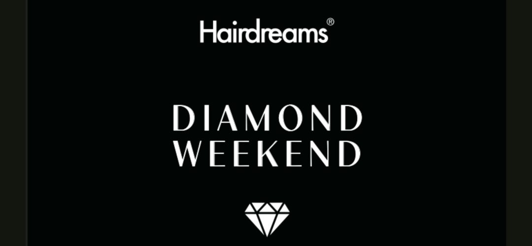 Logo Hairdreams con scritta Diamond Weekend e simbolo di diamante bianco su sfondo nero.