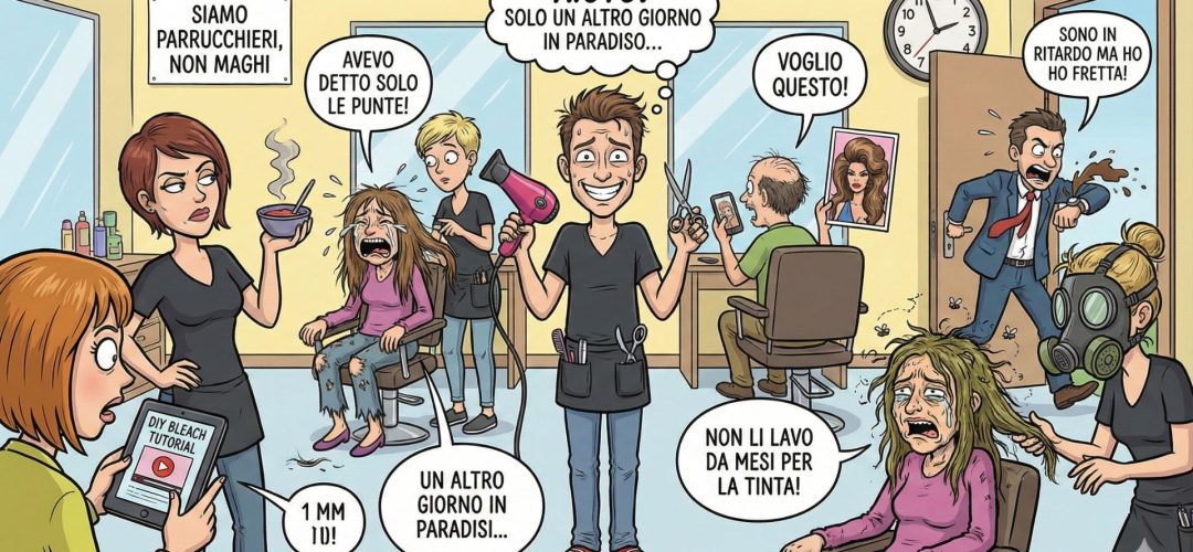 Illustrazione verticale umoristica in stile fumetto di un salone di parrucchiere nel caos. Al centro, un parrucchiere stressato è circondato da clienti che urlano richieste assurde, mostrano foto irrealistiche, arrivano in ritardo e piangono per un taglio, riassumendo le difficoltà quotidiane della professione.