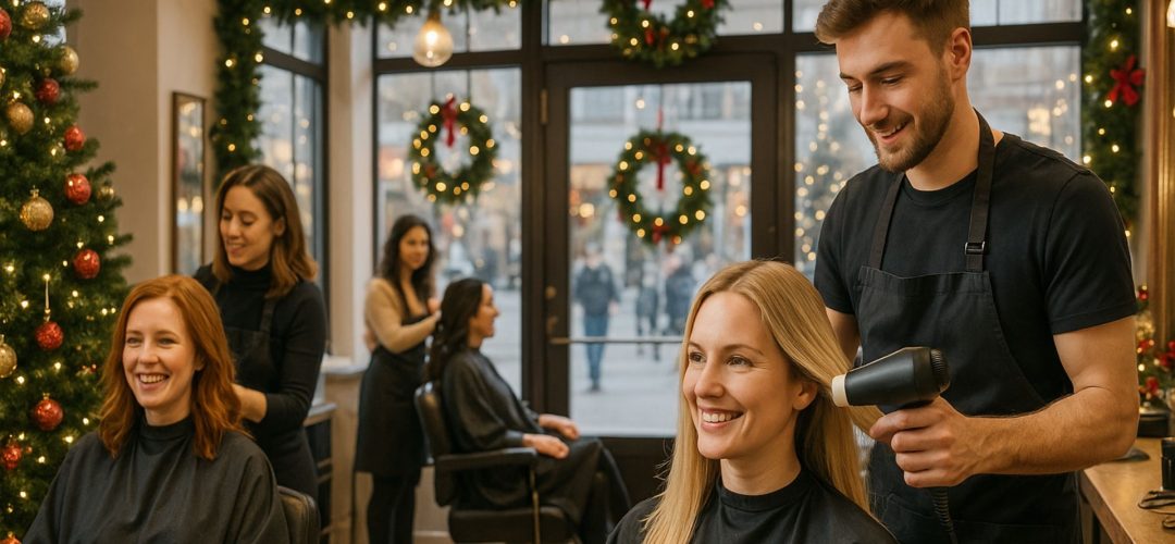 Salone di parrucchieri decorato per Natale con professionisti al lavoro e clienti sorridenti, illuminazione calda e atmosfera festiva.