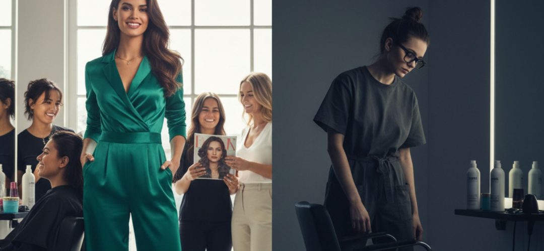 Paragone visivo tra due parrucchiere: una professionista attraente e sicura di sé circondata da clienti e attenzioni, e un’altra isolata in un angolo del salone, con atmosfera cupa e nessun cliente, per rappresentare come la bellezza possa influenzare percezione e opportunità nel lavoro.