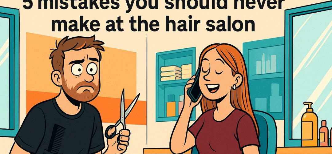 comic-style illustration of a frustrated hairstylist and a distracted client talking on the phone in a modern salon