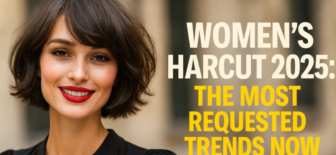 Portrait of a smiling woman with a modern bob haircut, alongside text introducing women’s haircut trends for 2025.