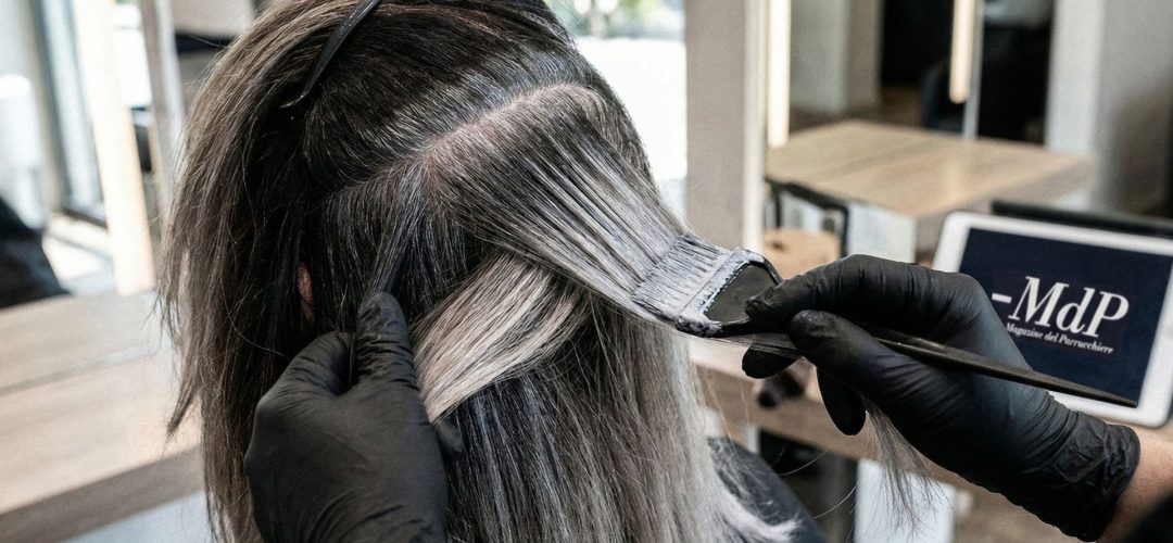 Applicazione tecnica di Grey Blending in salone su capelli con alta percentuale di bianchi, con tablet MdP sullo sfondo.