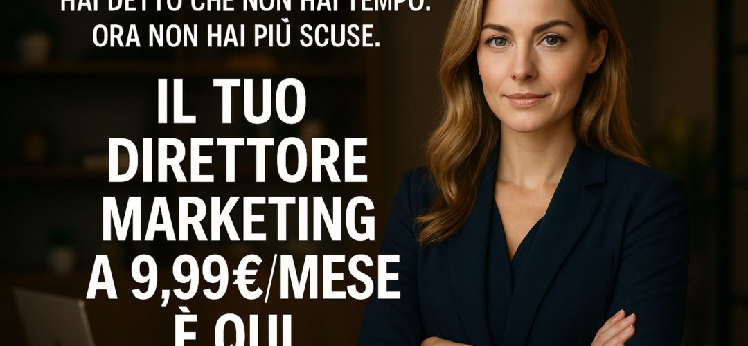 Donna professionale in ufficio accanto al testo “Il tuo direttore marketing a 9,99€/mese è qui”, promozione per parrucchieri su MdP h(AI)r