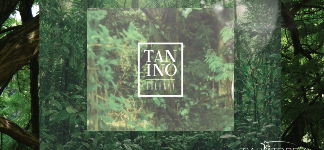 Logo Tanino Therapy su sfondo foresta amazzonica, immagine simbolo della Tanninoplastia come alternativa naturale alla Nanoplastia.