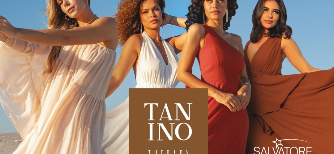 Quattro modelle con capelli lisci e ricci posano al tramonto indossando abiti eleganti, con il logo Tanino Therapy e Salvatore Cosmética Professionale.