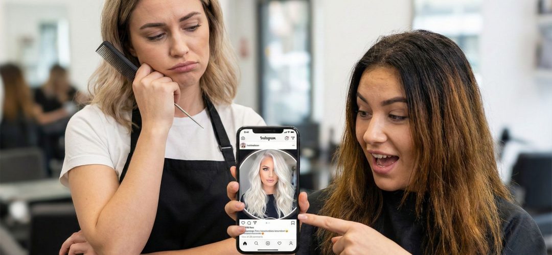 Parrucchiera con espressione rassegnata osserva una cliente che mostra entusiasta sullo smartphone una foto di capelli biondo platino irrealistica e modificata con filtri Instagram.