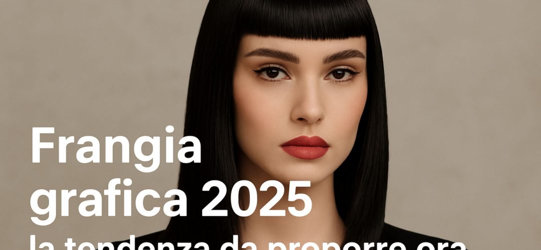 Giovane donna con frangia grafica netta e geometrica, perfettamente pettinata e fotografata in stile moda.