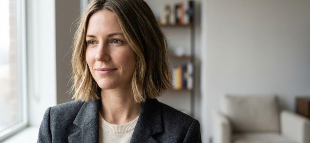 Donna con caschetto destrutturato (Textured Bob) mosso e naturale con balayage biondo scuro.