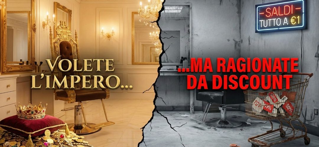 Grafica divisa a metà: a sinistra un salone di lusso dorato con poltrona regale e la scritta "Volete l'Impero...", a destra un ambiente fatiscente con un carrello della spesa arrugginito e la scritta "...ma ragionate da Discount".