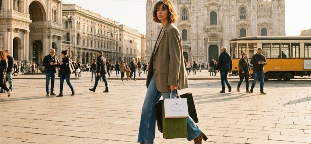 Modella con taglio Wavy Bob mosso trendy cammina in Piazza Duomo a Milano con borse dello shopping di lusso.