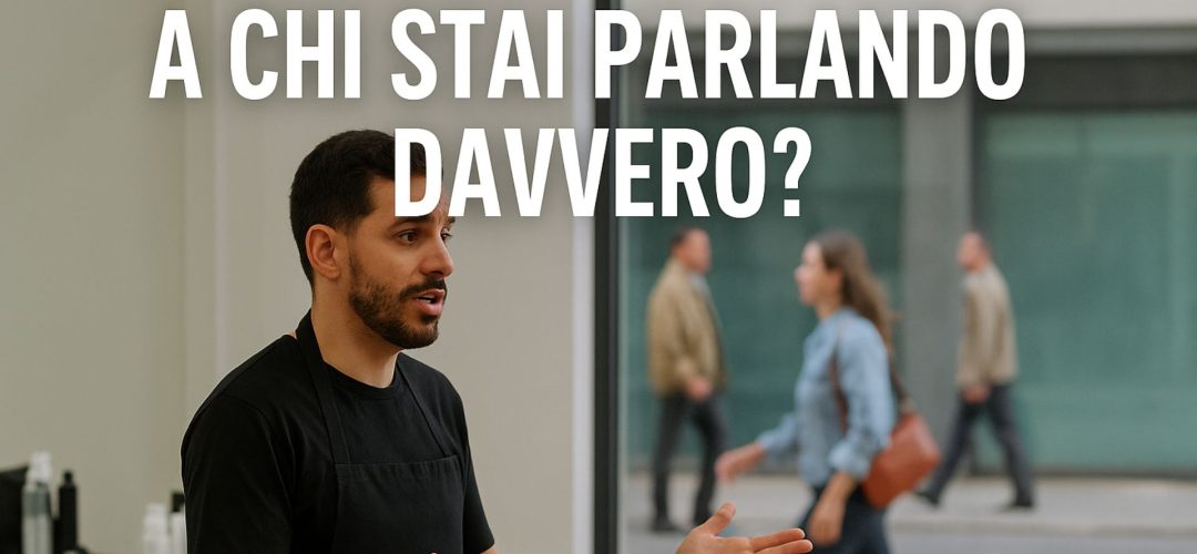 Parrucchiere che parla in salone mentre fuori passano potenziali clienti, con la scritta “A chi stai parlando davvero?”.